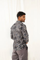 Grey Printed Spread Collar Cotton Curved Casual Shirt-SF-930Charcoal